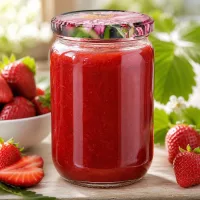 Transparentes 555ml Rundglas mit pinkfarbenem Blüten Twist-Off Deckel und Erdbeerinhalt