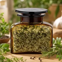 Quadratische Apothekerflasche 150 ml als Gewürzbehälter mit Kräutersalz befüllt
