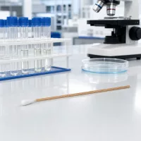 Wattestäbchen unsteril für medizinische Probenentnahme auf Labortisch mit Glasgefäßen