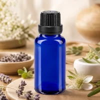 Nachfüllbare blaue Glasflasche 20ml für ätherische Öle mit manipulationssicherem Verschluss