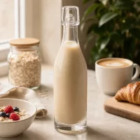 50ml Glasflasche UNiTWIST mit Hafermilch befüllt zwischen Frühstückszutaten Müslischale und Croissant Küchentisch