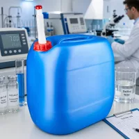 Chemikalienkanister 30L mit weißem Flex-Rohr für sichere Lagerung und Ausgabe im Laborbereich
