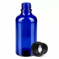 Premium 50ml Apothekerflasche in Kobaltblau mit schwarzem tamper evident Verschluss