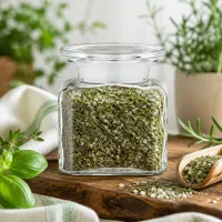 Kleines Vorratsglas 100ml mit getrockneten Kräutern auf Holzunterlage neben frischen Küchenkräutern