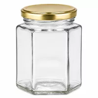 250g Honigglas hexagonal mit goldenem Deckel BasicSeal leer transparent für Honig Marmelade Aufbewahrung