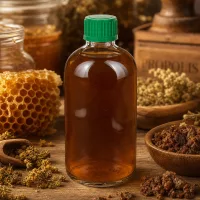 Braun gefärbter Propolis Extrakt in 100ml Klarglasflasche mit grünem Kindersicherungsdeckel