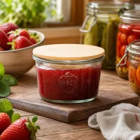 WECK Glas 80ml RR60 mit Holzdeckel gefüllt mit Erdbeermarmelade in rustikaler Küche mit frischen Erdbeeren