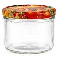 225ml Sturzglas mit buntem Obst-Dekor Deckel, leeres Einmachglas für Marmelade und Konfitüre, Konservenglas mit Twist-Of