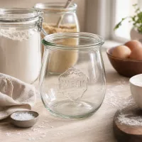 WECK Tulpenglas 220ml RR60 transparent leer in Küchenszenerie mit Mehl Eiern und Backzutaten auf Holztisch