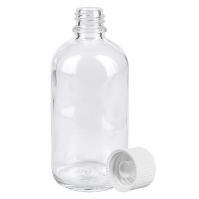 100ml Pharmaflasche Klarglas ClearLine UT18 mit geöffnetem weißen Verschluss 11mm SV