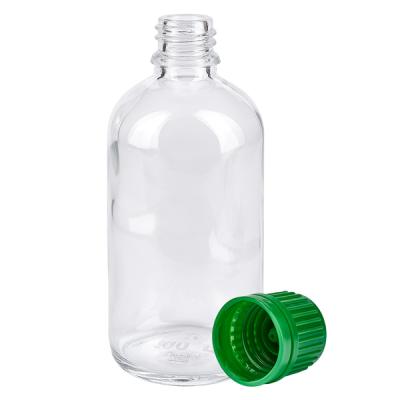 Medizinflasche 100ml Weithals Klarglas mit abgeschraubtem grünen OV Verschluss ClearLine UT18 Serie