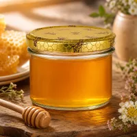 225ml Einmachglas gefüllt mit Honig BasicSeal Deckel Bienenwaben-Design Honigglas mit Holzlöffel Marmeladenglas