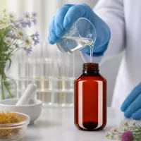 Handschuhgeschützte Abfüllung von Kräuterextrakt in bernsteinfarbene 100ml Kunststoffflasche mit OV