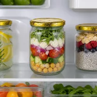 Frisches Meal Prep im 555ml UNiTWIST Rundglas mit BasicSeal Deckel Bienenwabe neben Chiapudding