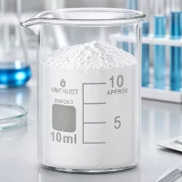 Chemielabor Becherglas UNiTWIST 10ml niedriger Bauform mit weißem Feststoff befüllt