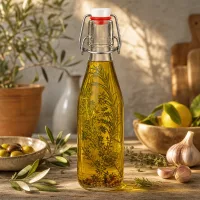 250ml Glasflasche mit Bügelverschluss gefüllt mit Kräuteröl, mediterranes Ambiente mit Oliven und Knoblauch