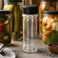 Kompaktes Salzglas 100ml mit schwarzem Streuerverschluss und Pfefferkörnern im Hintergrund