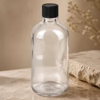 Wiederverwendbare 100ml Klarglasflasche ClearLine mit schwarzem Standardverschluss UT18