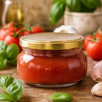 UNiTWIST Terrinenglas 120ml Golddeckel mit frischer Tomatensoße mediterrane Zutaten im Hintergrund