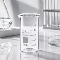 Klares Becherglas 50ml hohe Form UNITWIST Borosilikat neben Erlenmeyerkolben im Laborstudio