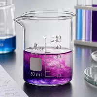 Graduiertes 50ml Becherglas niedrige Form UNiTWIST mit Kristallviolett auf Labortisch