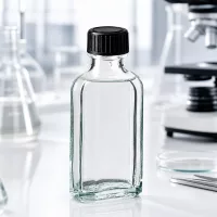 Transparente Meplat Flasche 50 ml mit schwarzem Verschluss neben Mikroskop und Petrischale