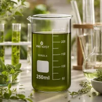 Klares Laborglas UNITWIST 250ml hohe Form mit grünem Naturextrakt auf hellem Labortisch