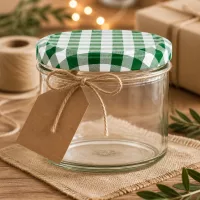 225ml Sturzglas mit grün-weißem Karodeckel und Kraftpapier-Anhänger als Geschenkidee dekorativ präsentiert