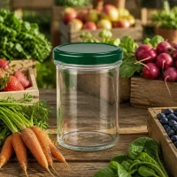 350ml Sturzglas UNiTWIST leer mit grünem Deckel zwischen frischem Gemüse Obst und Kräutern auf Holztisch