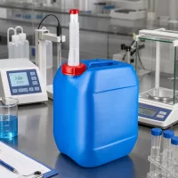 Kompakter Rechteckkanister 10 Liter blau mit weißem Flex-Auslaufrohr und roter Kappe