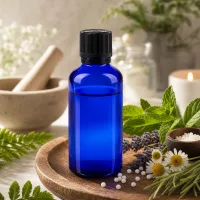 Dunkelblaues 50ml Glasfläschchen mit schwarzem Originalitätsverschluss neben Mörser und Kerze