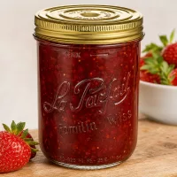 Sturzglas Familia Wiss 1020ml mit Schraubdeckel gefüllt mit Erdbeermarmelade neben frischen Erdbeeren