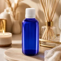 Blaue 50ml Glasflasche mit weißem Schraubverschluss und Tropfeinsatz für Öle und Tinkturen
