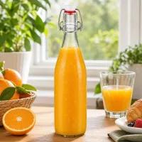 500ml Glasflasche Bügelverschluss befüllt mit frischem Orangensaft Frühstück gesunde Getränke Vintage Design