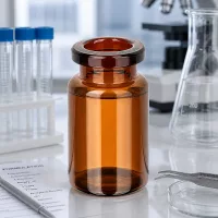 Leere Injektionsflasche Braunglas 5ml neben Erlenmeyerkolben und Formulation Sheet