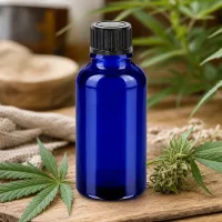 Handliche 30ml Braunglas Alternative in Blau mit Tropfeinsatz für mobile Aromatherapie