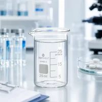 Klares zylindrisches UNiTWIST Becherglas 25ml mit Millimeterskala in modernem wissenschaftlichem Labor