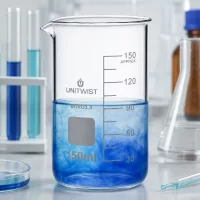 UNITWIST Präzisionsbecherglas 150ml hohe Form Borosilikat mit weißem Beschriftungsfeld und Skala