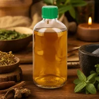 Apothekentropfflasche 100ml zwischen Heilkräutern Gewürzen und brennender Kerze im Holzambiente