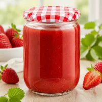 Hausgemachte Erdbeerkonfitüre in transparentem 555ml Rundglas mit dekorativem BasicSeal Deckel
