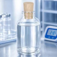Apothekerflasche Klarglas 50ml mit Korken 11/14mm halb gefüllt mit klarer Lösung im Kühlbereich