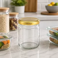UNiTWIST Runda53 Vorratsglas mit goldenem TO43 BioSeal Deckel auf Marmortheke zwischen Küchenbehältern