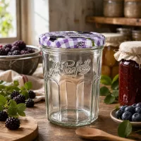 Le Parfait Sturzglas 385ml in rustikaler Küche mit frischen Beeren und selbstgemachter Marmelade dekoriert