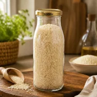 UNiTWIST Glasflasche 150ml mit Reis gefüllt goldener TO43 BioSeal Deckel Vorratsaufbewahrung Küche Holzschaufel