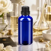 Handliche 50ml Braunglasflasche Alternative in Blau mit schwarzem OV für DIY Mischungen