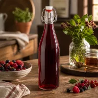 500ml Glasflasche Bügelverschluss mit rotem Beerensaft auf Holztisch neben frischen Beeren und Honig in Küche