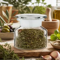 Bauchiges Gewürzglas 50ml Weithals mit grünem Trockenkraut und flachem Glasdeckel