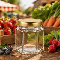 60g Honigglas hexagonal leer auf Holztisch zwischen frischen Marktgemüse Erdbeeren Karotten und Radieschen