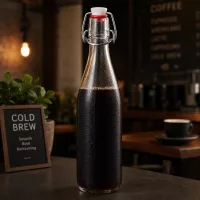 500ml Glasflasche Bügelverschluss mit Cold Brew Kaffee gefüllt in Café-Atmosphäre neben Werbetafel