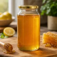 1062ml Rundglas mit goldenem BasicSeal Deckel gefüllt mit Honig neben Wabe und Honiglöffel auf Holzbrett